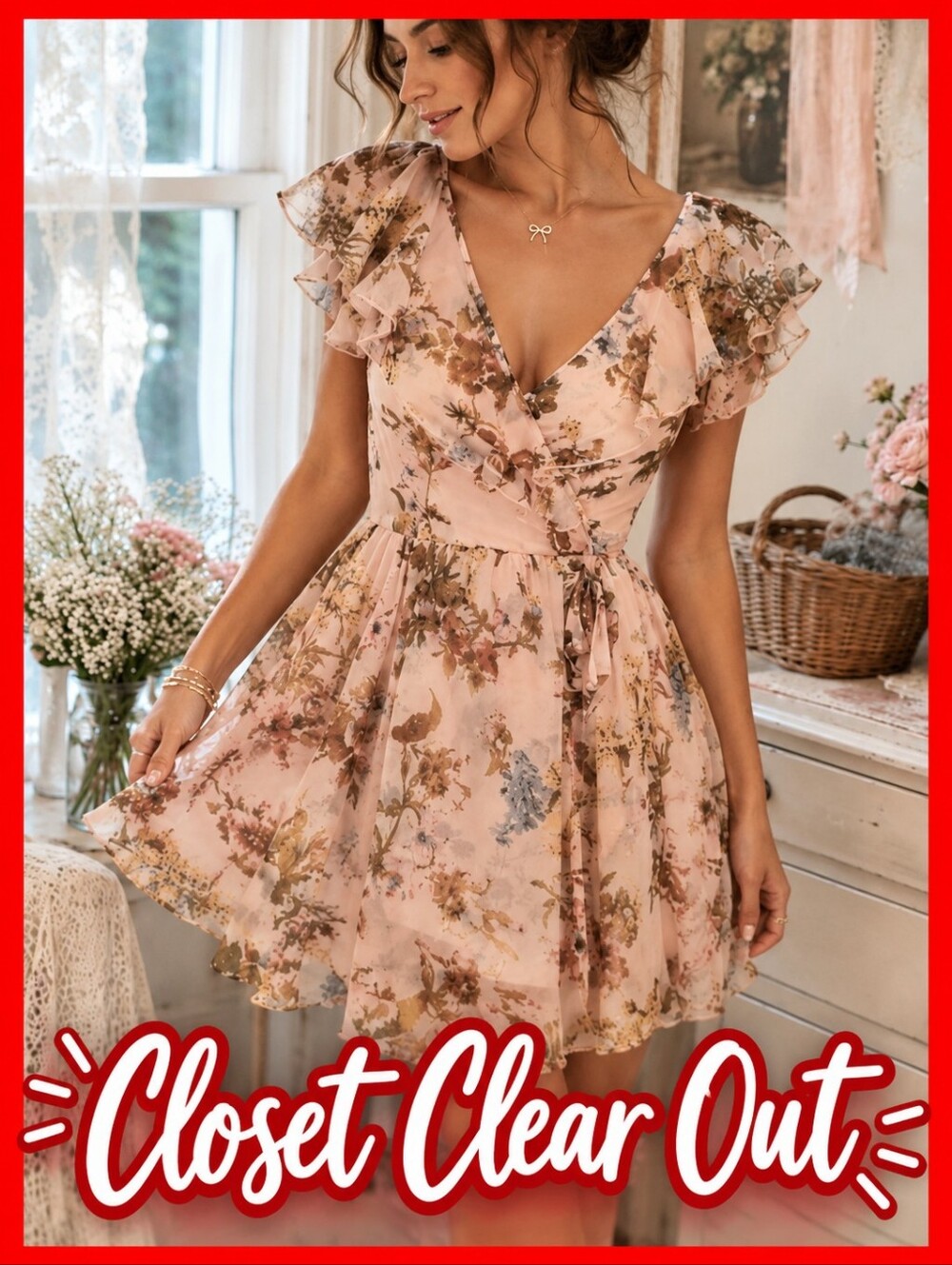 Miami Blush Floral Chiffon Wrap Dress | Flutter Sleeve Boho Mini | Size Smal